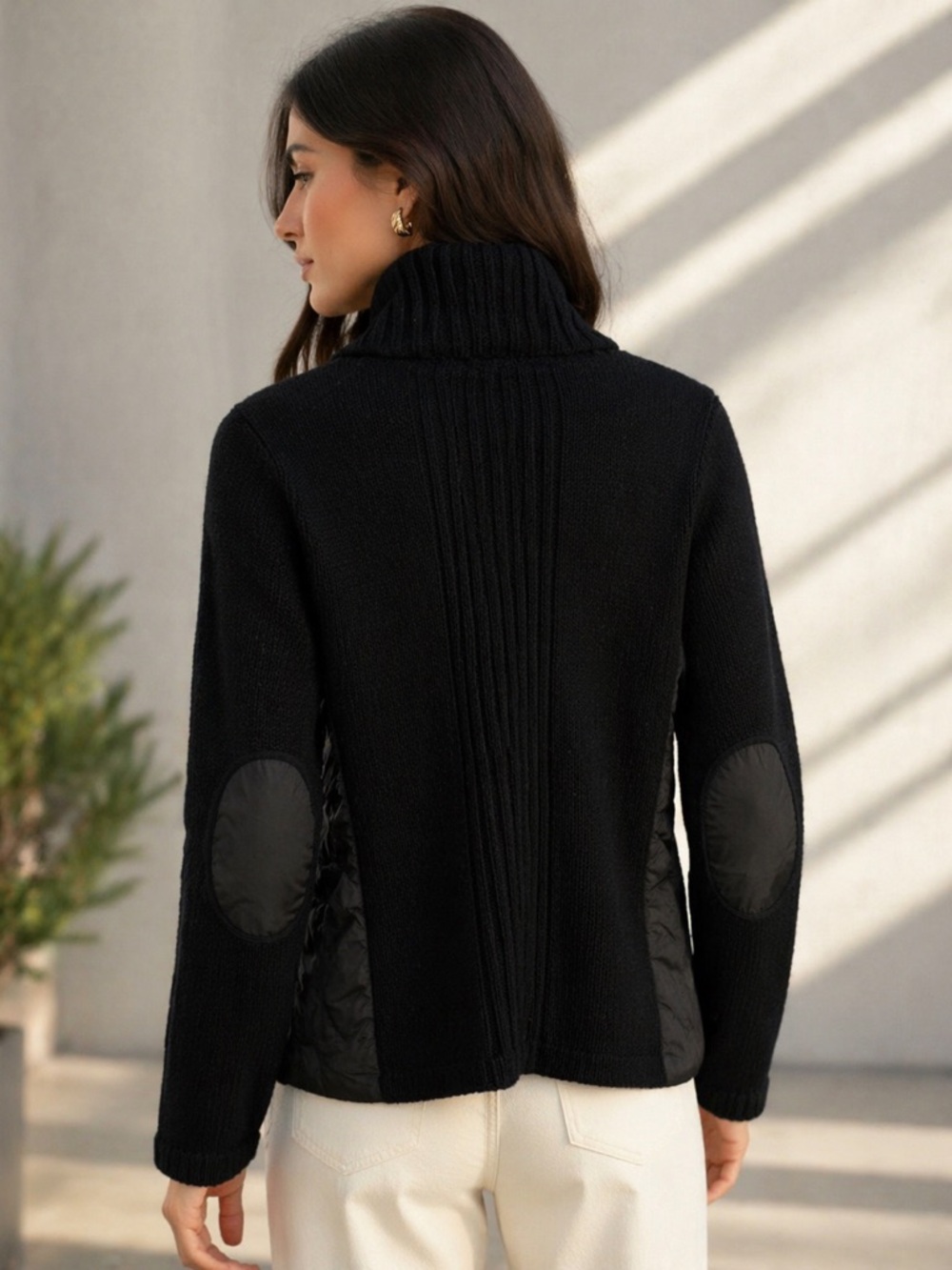 Eileen Fisher Merino Wool Jacket Black Ribbed Elbow Patch Size M Minimalist